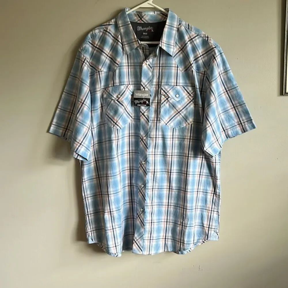 Wrangler 20X Snap Button Front Shirt Short Sleeve Men’s Size 2XLT Blue White Bro